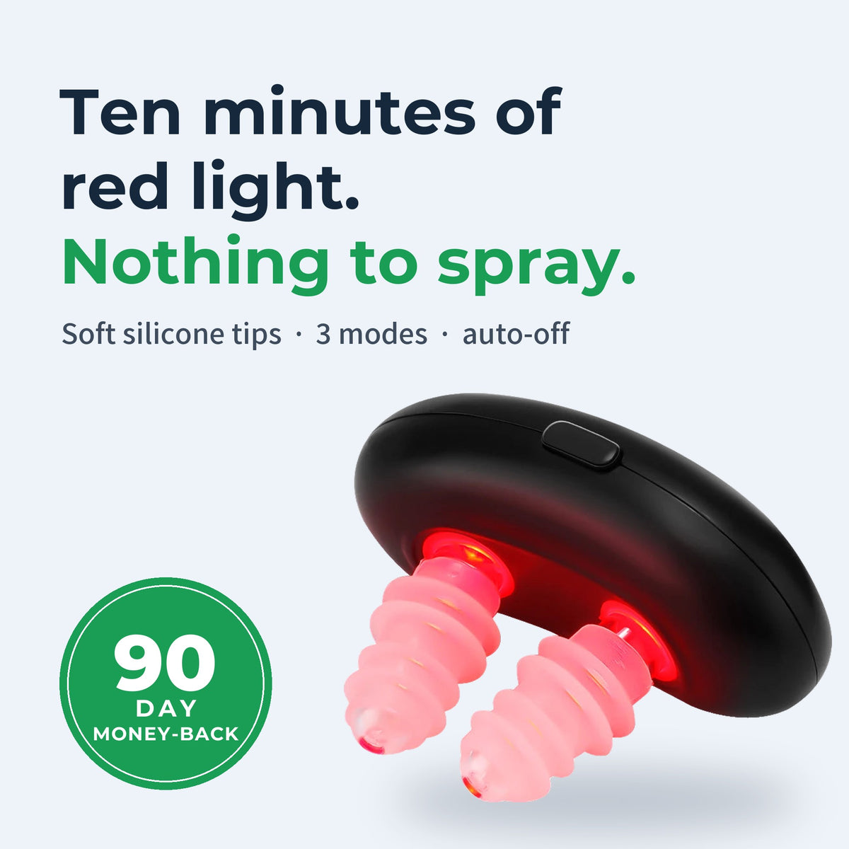 BreatheGlow red light nasal device: ten minutes of red light, nothing to spray, 90-day money-back