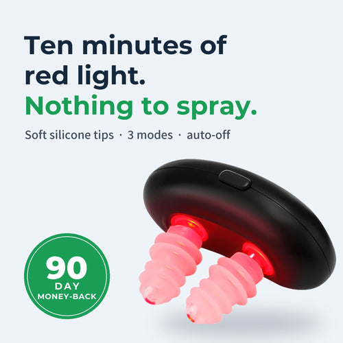 BreatheGlow red light nasal device: ten minutes of red light, nothing to spray, 90-day money-back